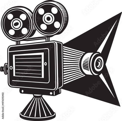 Stylized entertainment industry artwork showing movie equipment and theater stage in clean silhouette style.
