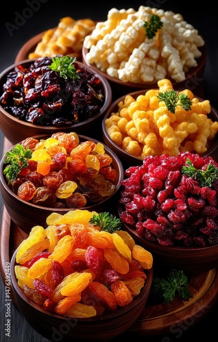 Colorful Assortment of Dried Fruits and Snacks in Wooden Bowls Arrangement on Dark Background Perfect for Healthy Snacking and Cooking Inspiration