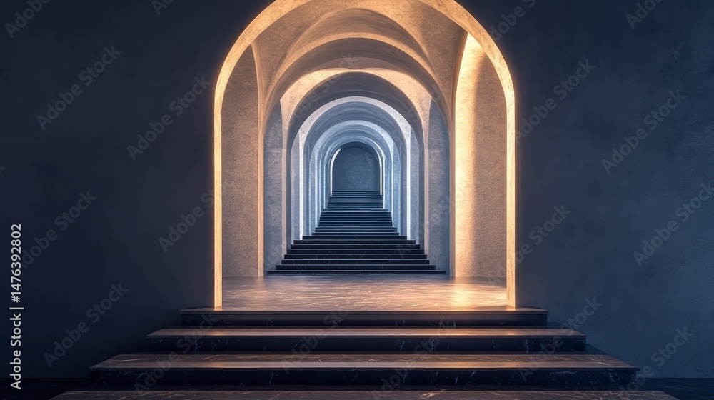 Fototapeta premium Illuminated arched hallway with stairs leading to a vanishing point.