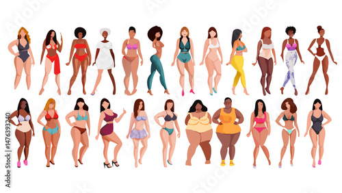 Modern Curvy Women Illustration Set – Multinational Diverse Representation