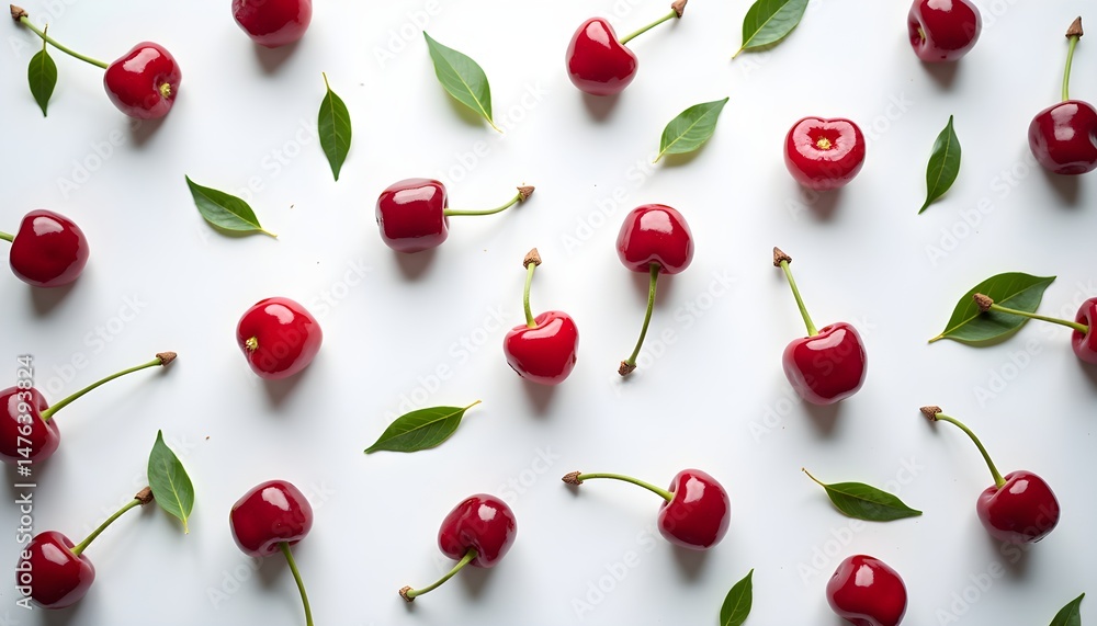 A group of cherries with green leaves arranged in a symmetrical pattern on a white surface A group of cherries with green leaves arranged in a symmetrical pattern on a white surface