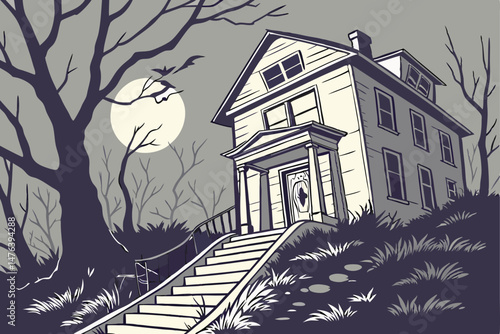 60 eerie haunting house, abandoned stairs, moody night, moonlight, dramatic lighting, high contrast, atmospheric, dark shadows, creepy, gothic style