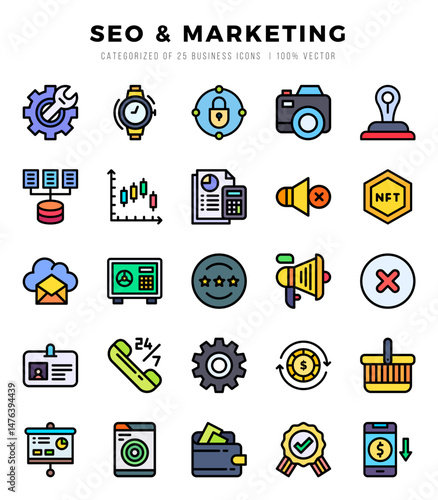 Set of simple Lineal Color Market & Economy Icons. Lineal Color art icons pack.