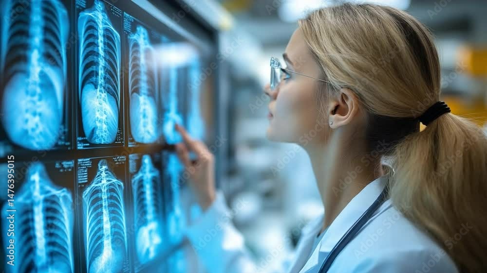 A focused radiologist intently studies a series of X-ray images, illuminating the dedication to precise medical diagnosis in a contemporary healthcare setting. A focused radiologist intently studies a series of X-ray images, illuminating the dedication to precise medical diagnosis in a contemporary healthcare setting.