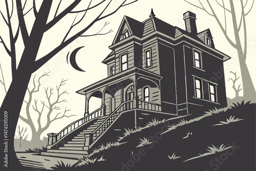 60 eerie haunting house, abandoned stairs, moody night, moonlight, dramatic lighting, high contrast, atmospheric, dark shadows, creepy, gothic style