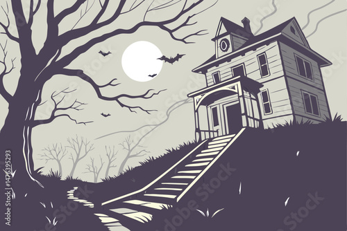 60 eerie haunting house, abandoned stairs, moody night, moonlight, dramatic lighting, high contrast, atmospheric, dark shadows, creepy, gothic style