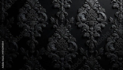 Elegant black damask pattern on fabric, rich texture, luxurious design , wallpaper, gothic