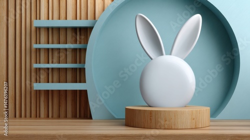 A white rabbit is sitting on a wooden pedestal in front of a blue wall