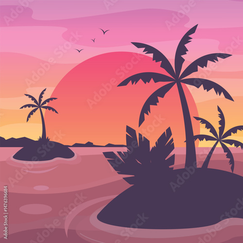 Sunset on the islands with palm trees and rocks. Landscape. Vacation on the islands. Banner.
