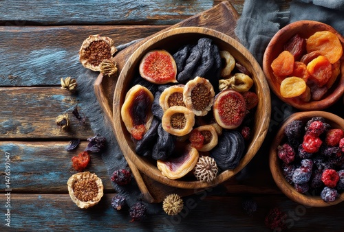 Colorful Assortment of Dried Fruits Including Figs, Apricots, Prunes, and Berries Arranged on Wooden Trays with Rustic Background and Natural Textures