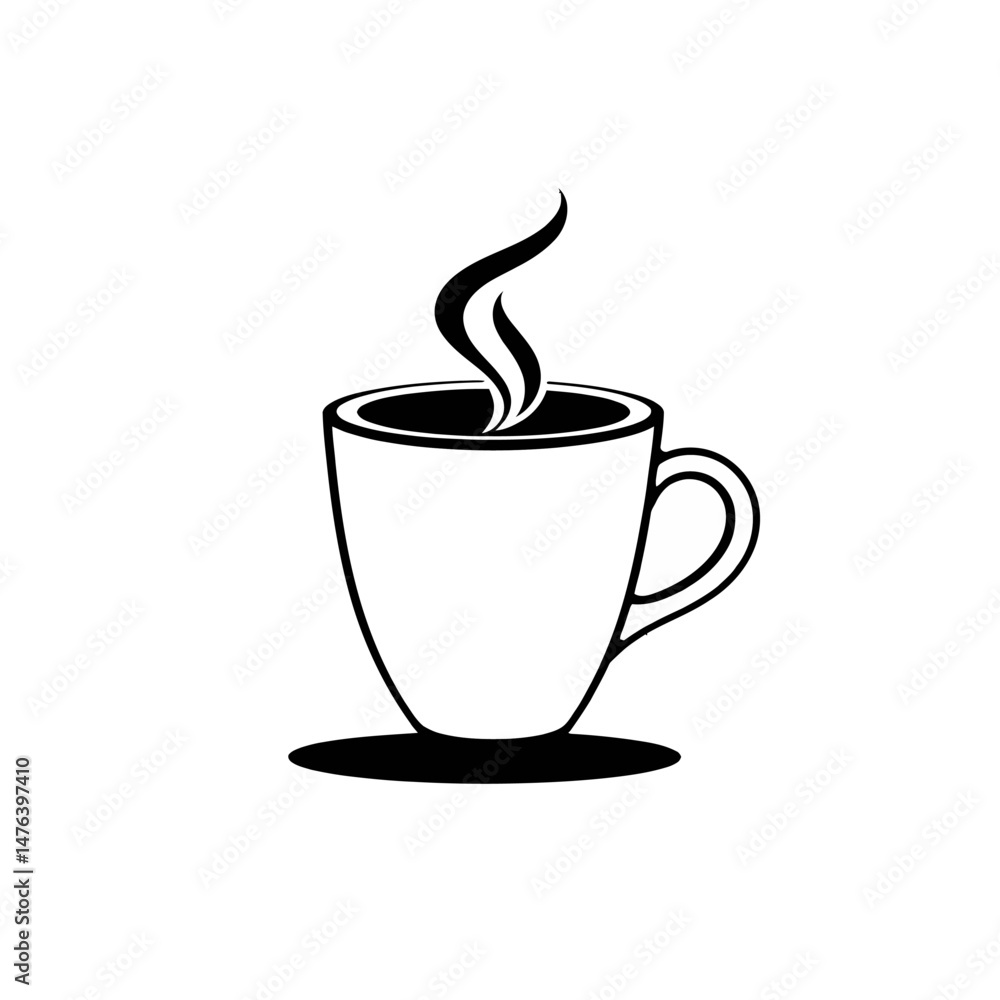 Obraz premium Simple Hot Coffee Cup Design Minimalist Black White Mug Steaming Beverage Drink Icon Graphic Illustration Hot Drink Coffee Mug Tea Cup Caffeine Energy Morning Breakfast Warm Cozy Relaxation Comforting
