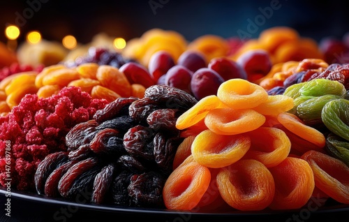 Colorful Assortment of Dried Fruits on a Dark Background with Soft Highlights Ideal for Culinary, Dietary, and Healthy Lifestyle Imagery