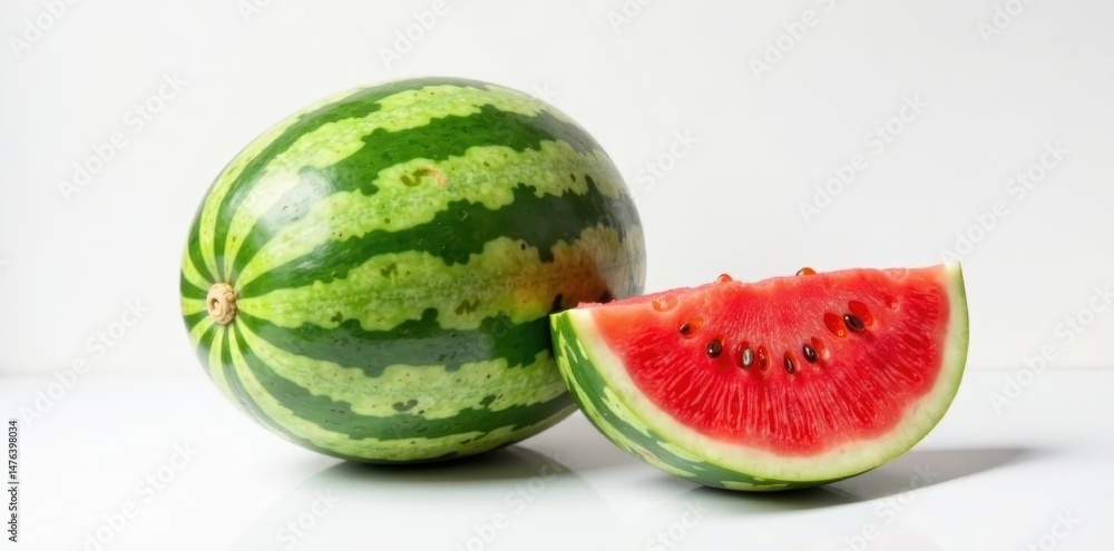 Whole watermelon & cut piece on white background , fruit, seed Whole watermelon & cut piece on white background , fruit, seed