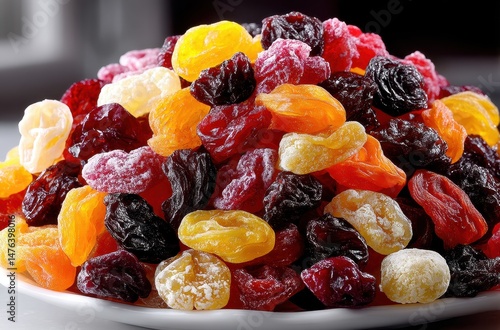 Colorful Assortment of Dried Fruits on a Plate, Featuring Raisins, Apricots, and Cranberries for Healthy Snacking and Culinary Uses