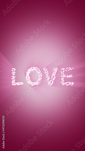 The word love made up of hearts on bright violet vertical illustration background.