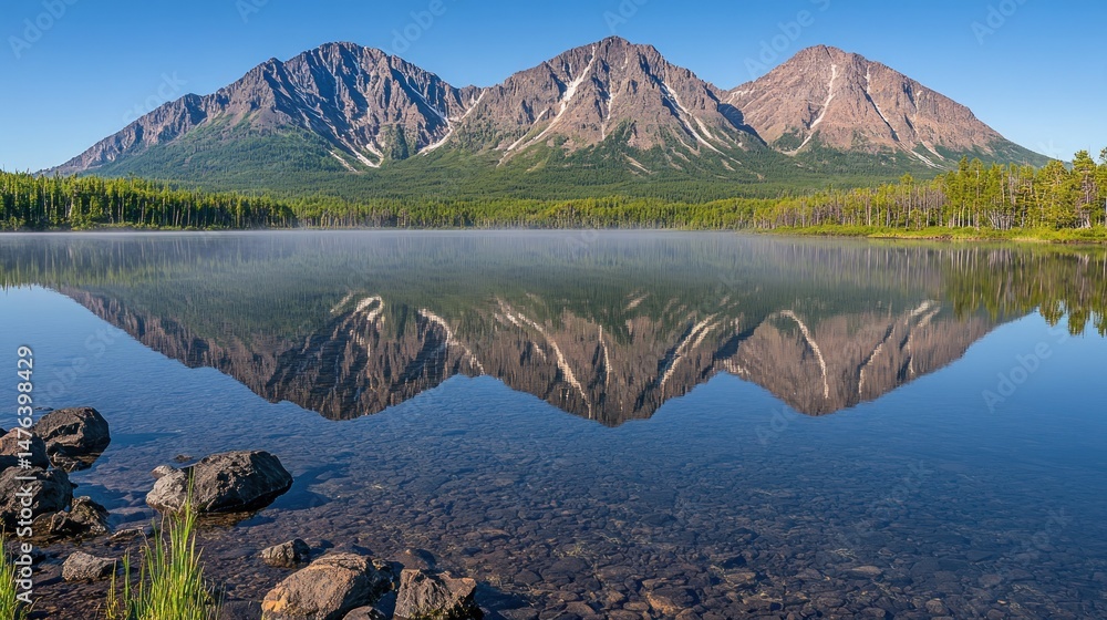 Misty mountain reflection on tranquil lake Misty mountain reflection on tranquil lake
