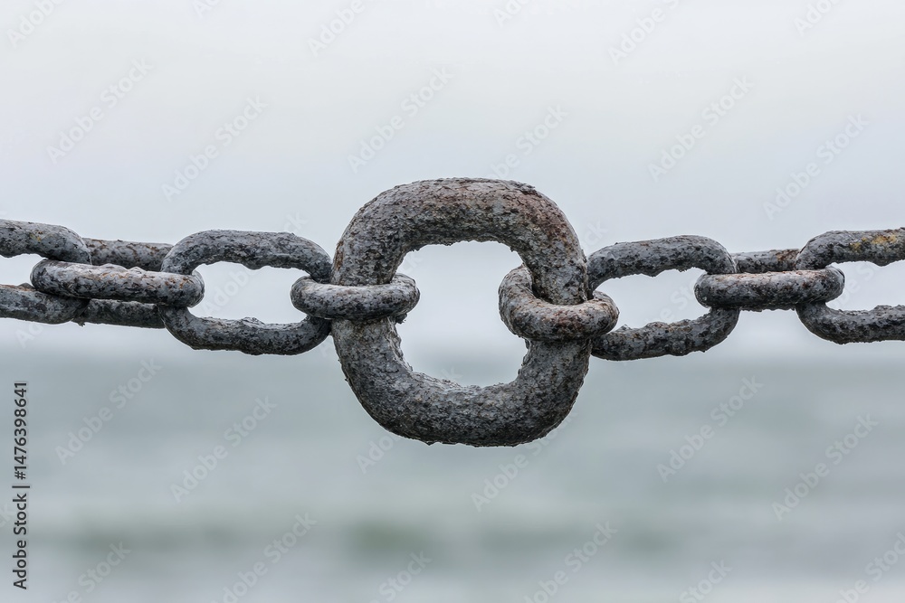Rusty chain link against a blurred ocean backdrop Rusty chain link against a blurred ocean backdrop