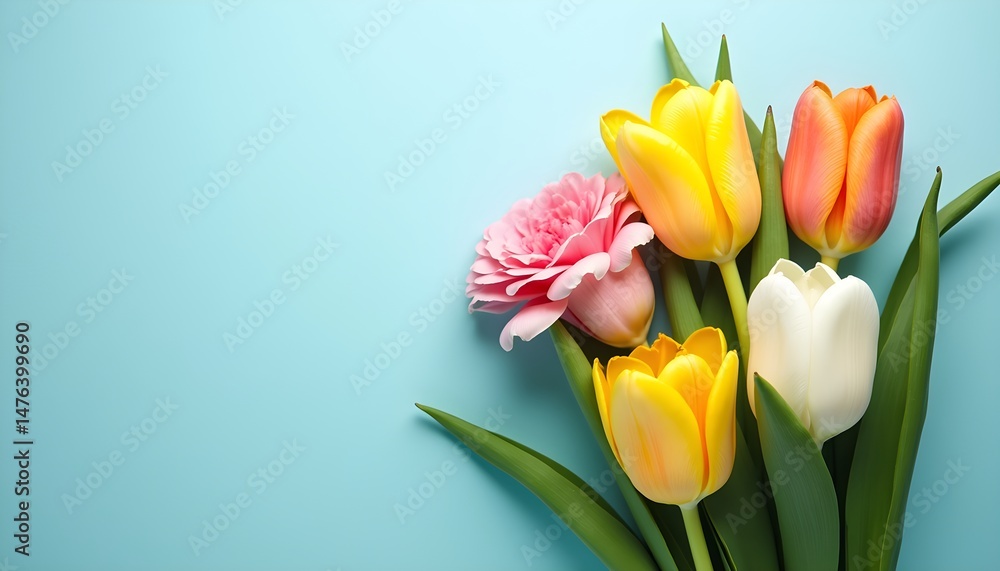 Fototapeta premium A bouquet of colorful tulips and a pink carnation on a pastel blue background