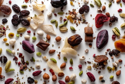 Colorful assortment of dried fruits, nuts, and spices arranged artistically on a light background showcasing natural textures and vibrant colors