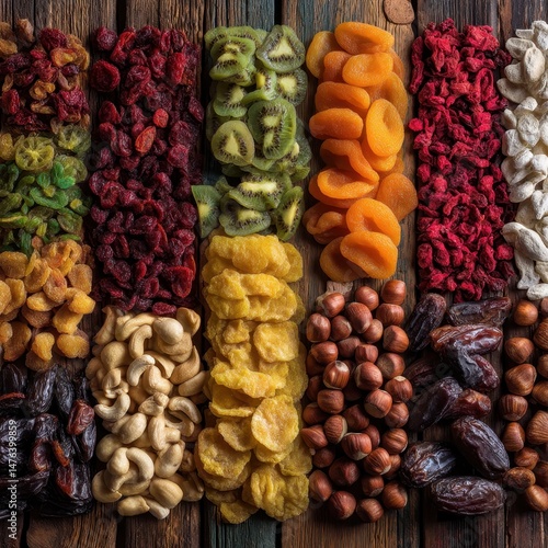 Colorful Assortment of Dried Fruits, Nuts, and Snacks on Wooden Background, Perfect for Healthy Lifestyle and Nutrition Concepts