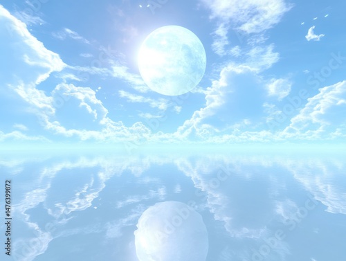 Full Moon Reflection on Water Surface with Blue Sky and Clouds Dreamlike Scene Low Angle View Serene Atmosphere