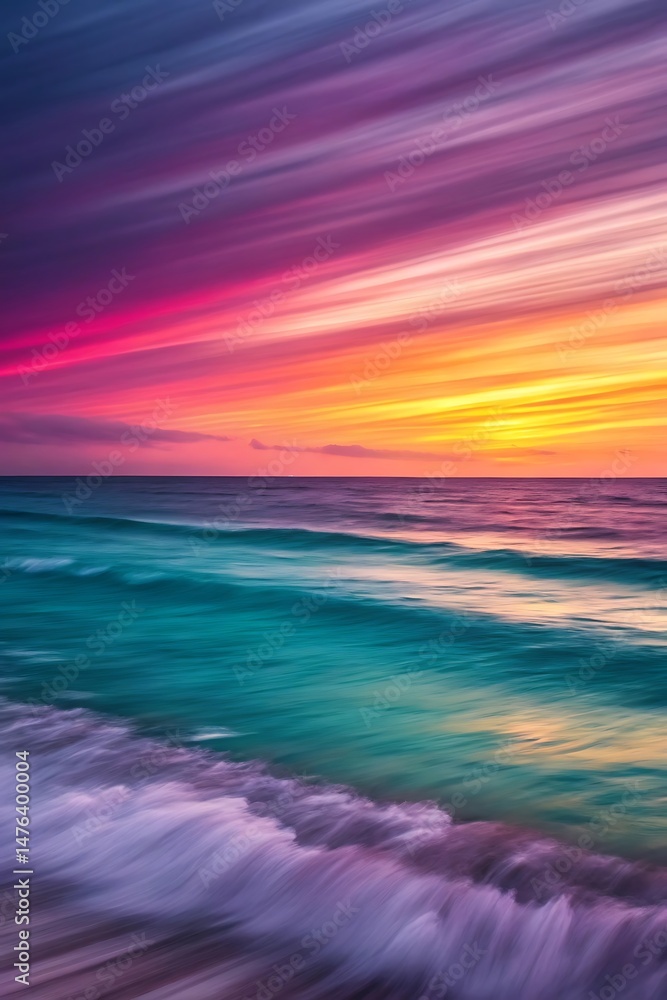 Naklejka premium Vibrant Sunset over Ocean Waves Long Exposure Photography