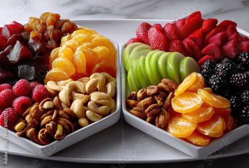 Colorful assortment of fresh and dried fruits and nuts in elegant bowls on a white marble surface, perfect for healthy snacking and gatherings