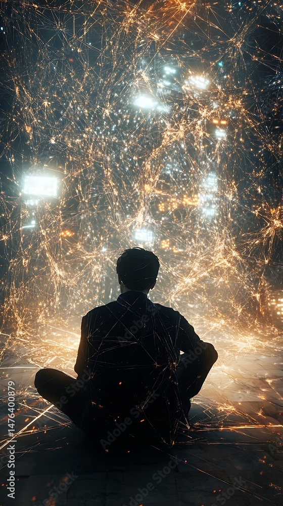 Person contemplating cosmic network Person contemplating cosmic network