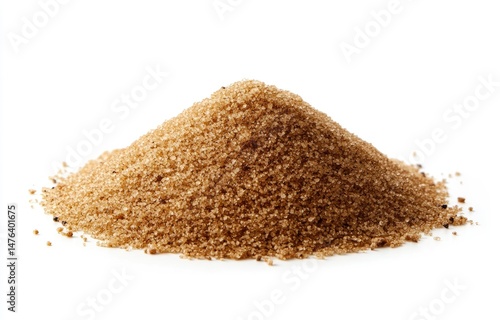 Light brown granular sweetener pile against white background.  Small crystals in a conical shape