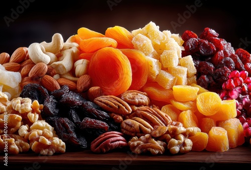 Colorful Assortment of Nuts and Dried Fruits Perfect for Healthy Snacking and Gourmet Cooking on a Rustic Wooden Surface