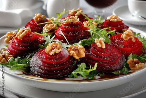 Colorful Beet Salad with Walnuts and Arugula Garnished with Balsamic Drizzle on a White Plate in a Elegant Dining Setting