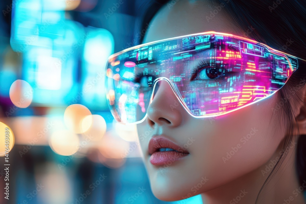 Close-up of a person wearing futuristic glasses. Close-up of a person wearing futuristic glasses.