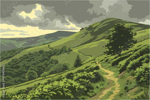 4 epic dramatic mountainous landscape, verdant rolling hills, winding trails, dramatic cloudy sky, lush foliage, moody atmospheric lighting, vibrant colors, highly detailed, photorealistic