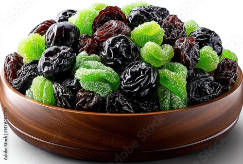 Colorful Bowl of Assorted Candies Including Bright Green Gummies and Dark Sweet Dried Fruits Perfect for Celebrations and Treats