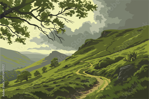 4 epic dramatic mountainous landscape, verdant rolling hills, winding trails, dramatic cloudy sky, lush foliage, moody atmospheric lighting, vibrant colors, highly detailed, photorealistic
