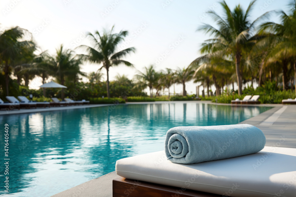Relaxing poolside scene with a rolled towel and palm trees Relaxing poolside scene with a rolled towel and palm trees