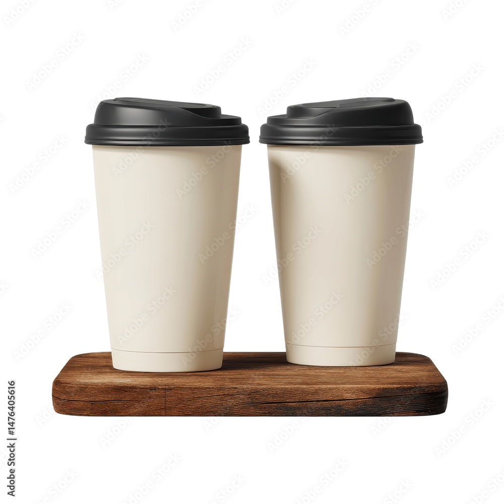 Two Disposable Coffee Cups with Black Lids on Rustic Wooden Board Two Disposable Coffee Cups with Black Lids on Rustic Wooden Board