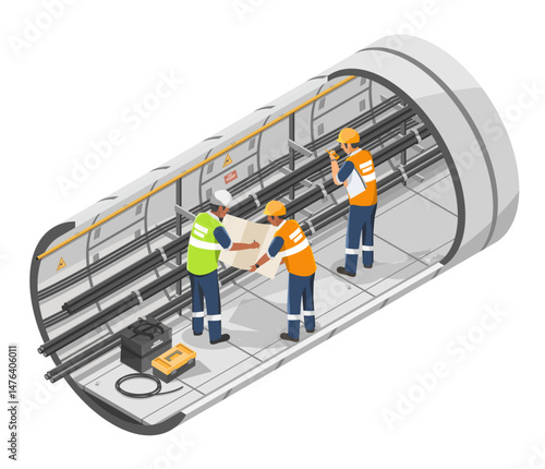 Team of electrical engineers conducting underground tunnel maintenance and inspection of high-voltage power cables using blueprint and technical tools for infrastructure safety