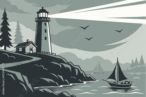 61 fog_effect_lighting, dramatic_lighting, atmospheric_lighting, overcast_day, remote_lighthouse, solitary_lighthouse, rocky_coastline, serene_lake, moody_landscape, dark_and_moody, haunting_atmospher