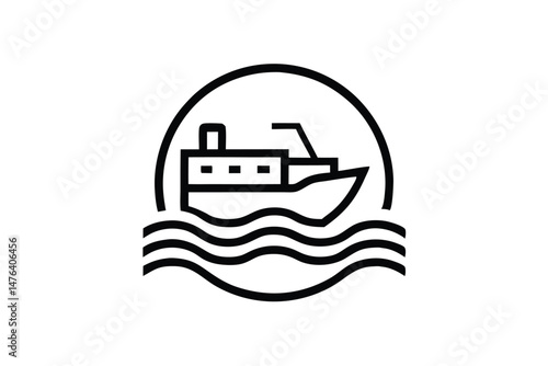 Clean Monoline Cargo Ship Logo with Ocean Wave Theme
