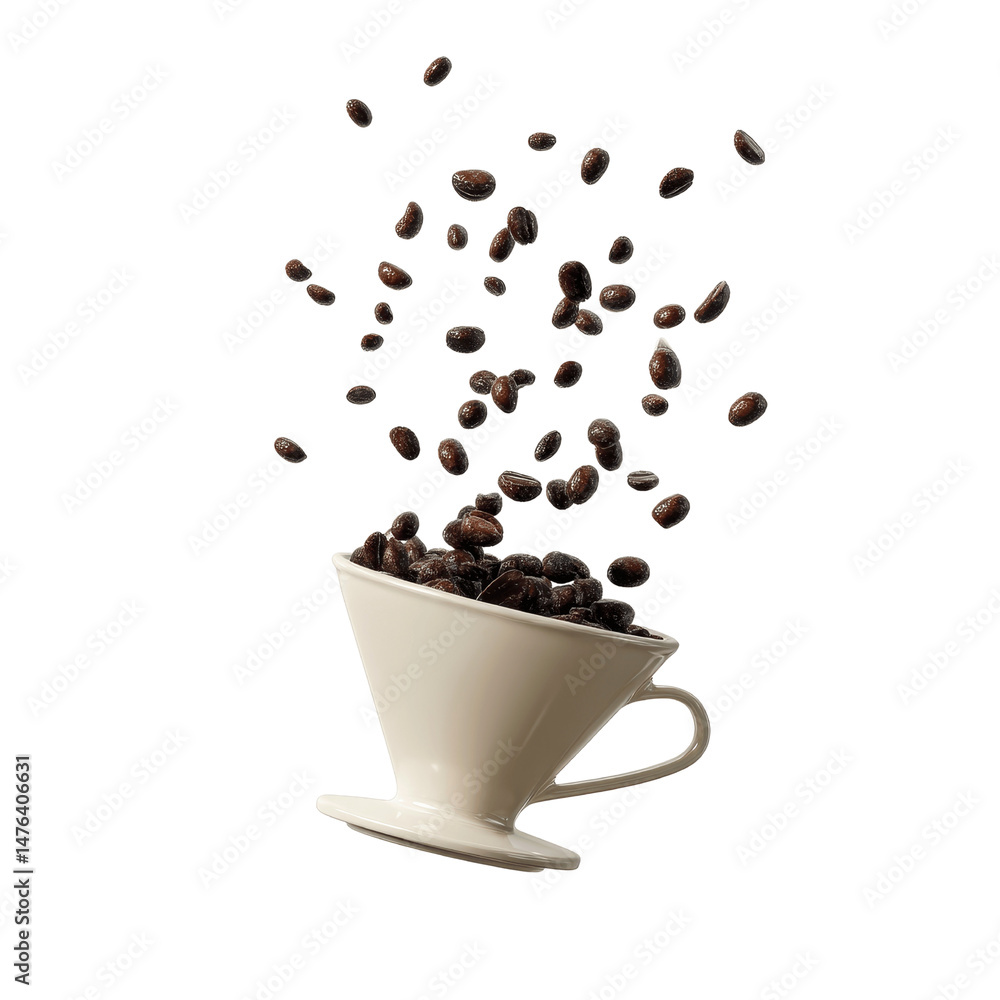 Obraz premium Roasted Coffee Beans Falling into a Pour Over Dripper