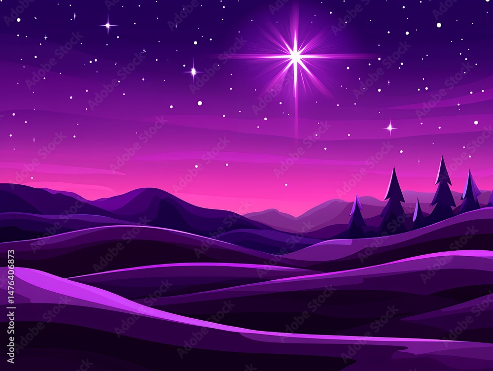 Obraz premium Purple Night Sky Starry Landscape Mountains Illustration Design art dark calm stars hills trees