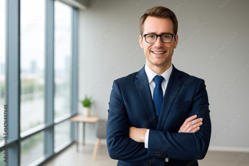 Businessman man suit glasses office professional confident smiling formal young male corporate interior modern window tie standing portrait success executive person adult smart happy leadership Businessman man suit glasses office professional confident smiling formal young male corporate interior modern window tie standing portrait success executive person adult smart happy leadership