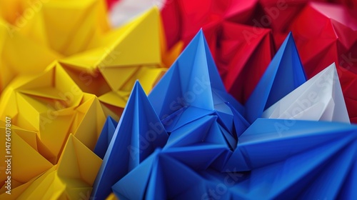 Flag Day Folded Background: Red Flags in Multifold Layers, Unfolding a Three - Dimensional Ode of the Interweaving of Creased Lights and Flag Elegance