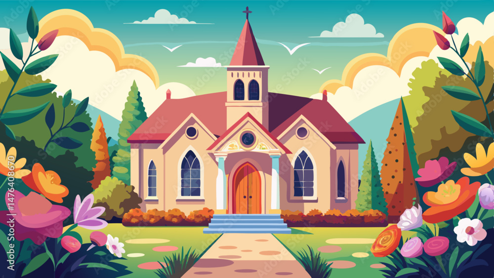 Fototapeta premium church with a bunch of flowers in front of it Very beautiful