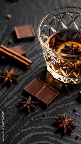 Luxurious whiskey pour complemented by dark chocolate and spices on textured surface
