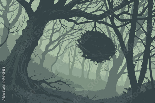 62 large intricate twig nest, overgrown forest, mist, fog, moody lighting, detailed, cinematic, mystical, dramatic