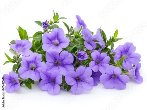 Calibrachoa blossom close-up on white background; studio shot showcasing delicate purple petals and vibrant green leaves; floral arrangement