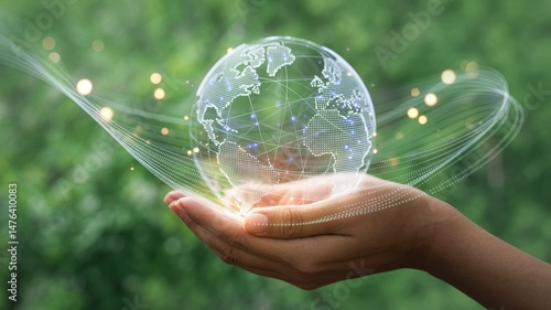 Hands holding a digital earth hologram in nature.