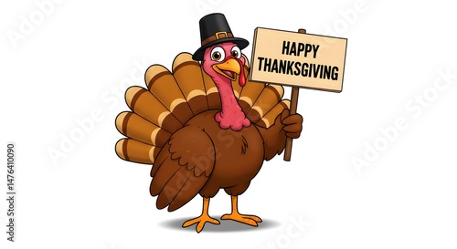 Cartoon turkey holding a sign wishing happy thanksgiving with festive design and vibrant colors